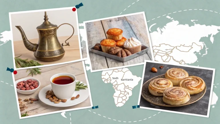 Collage of Moroccan tea, cardamom coffee, cinnamon rolls, and muffins over a map