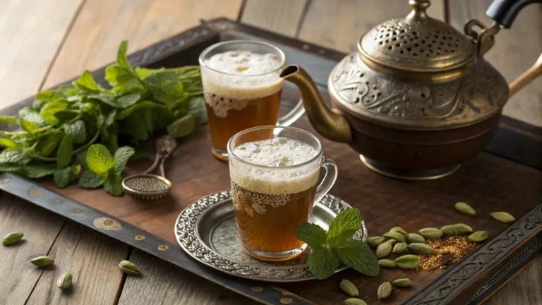 Traditional Moroccan tea set with mint, almonds, cardamom, and ornate teapot