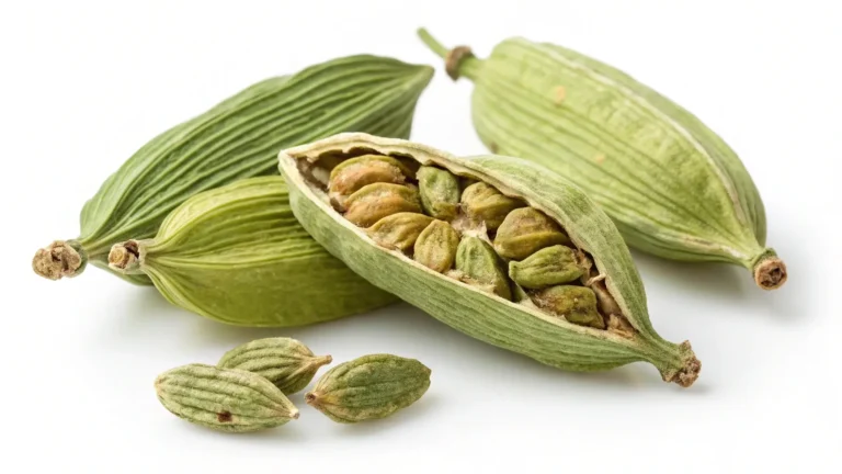 Close-up of whole green cardamom pods with one open to reveal seeds
