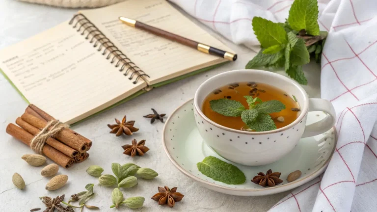Cup of herbal tea with mint and cardamom surrounded by cinnamon, star anise, and a recipe book