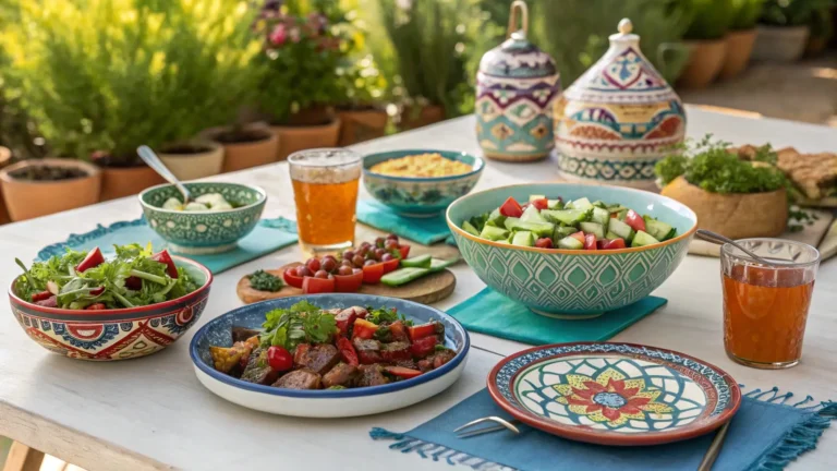 Summer Recipes feast on an outdoor table with fresh salads, grilled meats, couscous, and mint tea