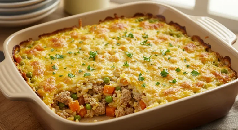 A full baking dish of golden, cheesy ground turkey rice casserole garnished with parsley, showing visible layers of turkey, rice, carrots, and peas.