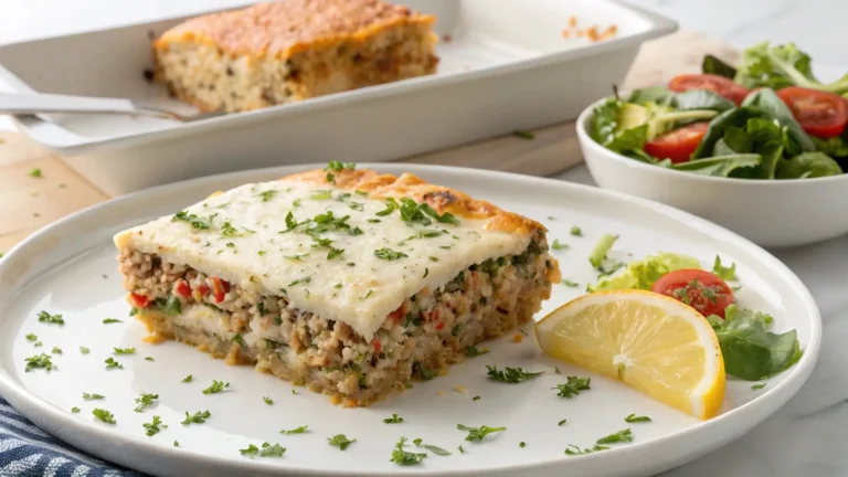 A plated slice of baked ground turkey rice casserole topped with fresh herbs, served with a lemon wedge and side salad on a white dish.
