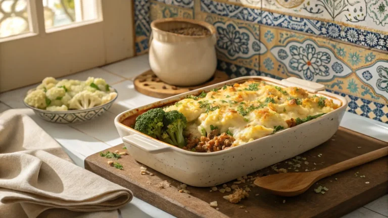 Baked Ground Turkey Broccoli Cauliflower Casserole served in a Moroccan kitchen with traditional decor and natural light