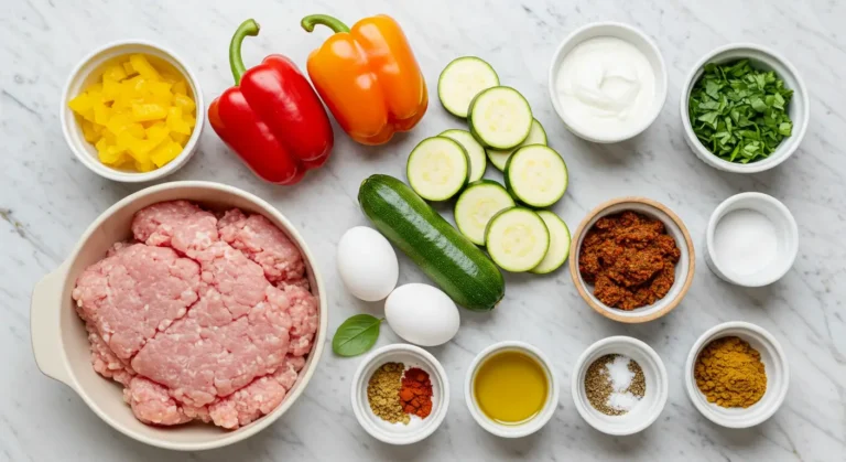 Top-down view of fresh ingredients for ground turkey casserole without pasta, including ground turkey, zucchini, bell peppers, spices, eggs, and yogurt.