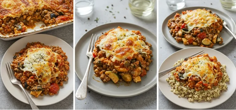Realistic photo showing three variations of ground turkey casserole: vegetarian lentil-based, dairy-free, and served over couscous.