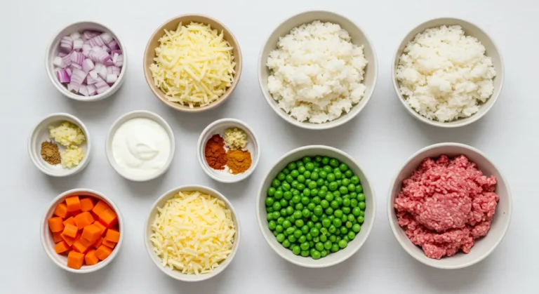 Ingredients for ground turkey rice casserole laid out in bowls, including peas, rice, ground turkey, spices, yogurt, shredded cheese, carrots, and onions.
