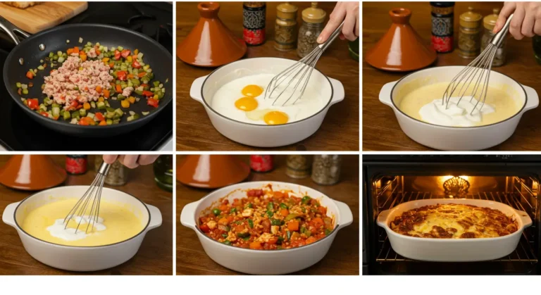 Step-by-step collage showing cooking ground turkey, whisking eggs and yogurt, assembling the casserole, and baking it in the oven.