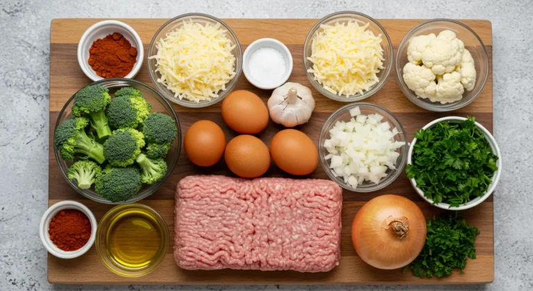 Ingredients for Ground Turkey Broccoli Cauliflower Casserole – turkey, eggs, cheese, broccoli, cauliflower, Moroccan spices