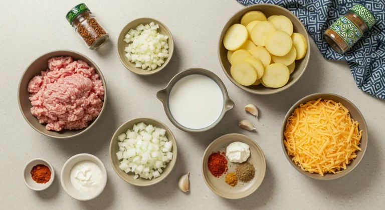 Ingredients laid out for ground turkey casserole with potatoes ground turkey, thinly sliced Yukon Gold potatoes, chopped onions, garlic, shredded cheese, milk, olive oil, and Moroccan spices like cumin and paprika.