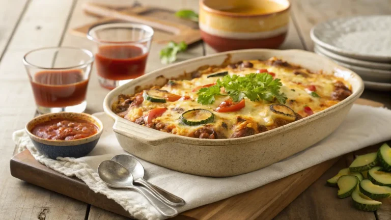 Fully baked Ground Turkey Casserole Without Pasta served in a rustic ceramic dish, surrounded by Moroccan glasses and harissa sauce.