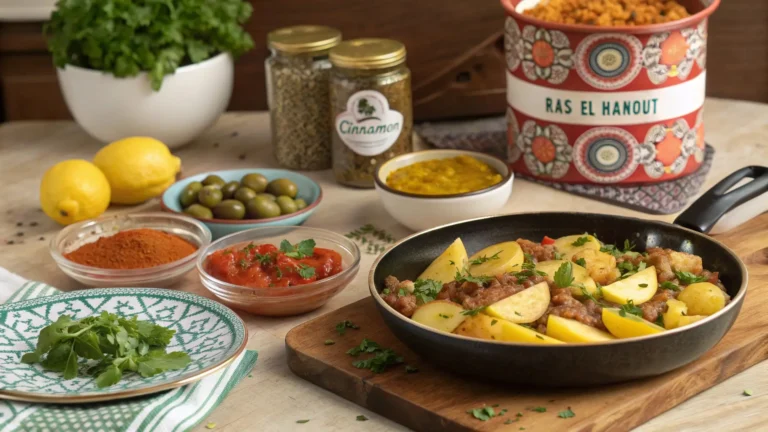 Moroccan-style ingredients for ground turkey casserole with potatoes, including charmoula-marinated potatoes, caramelized onions, tomato sauce, olives, preserved lemon, and fresh herbs.