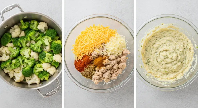Preparation process for Ground Turkey Broccoli Cauliflower Casserole including spices, cheese, and mashed mixture