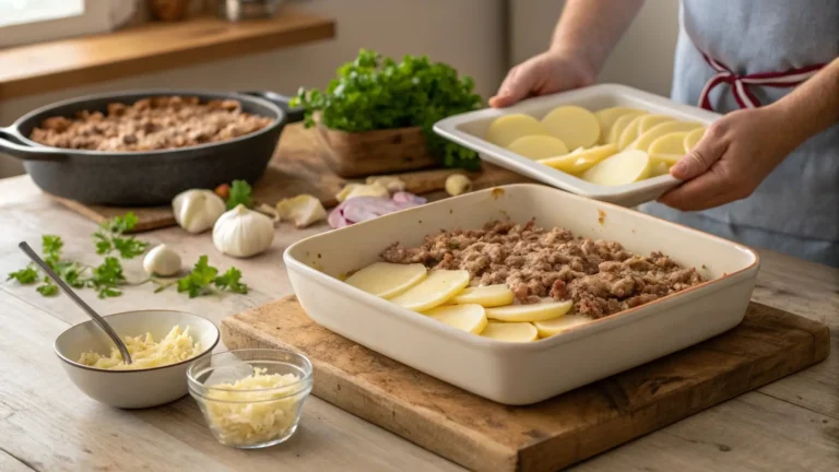 Preparing ground turkey casserole with potatoes in a rectangular ceramic baking dish, layering sliced potatoes and seasoned turkey with cheese.
