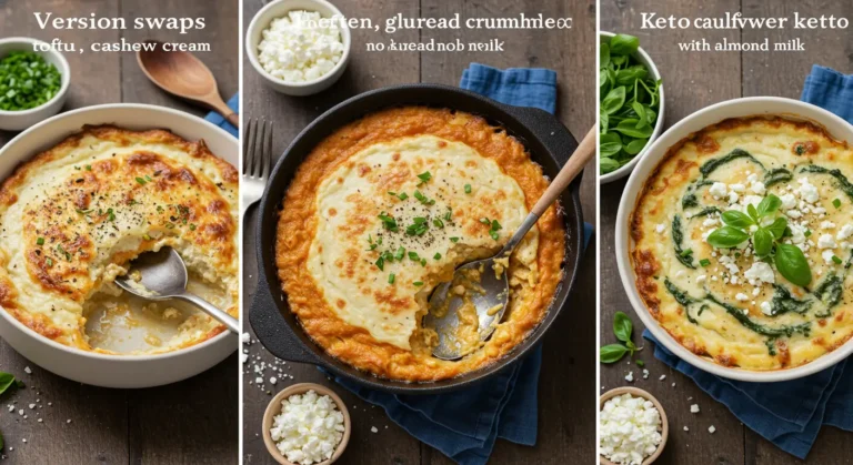 Three Ground Turkey Broccoli Cauliflower Casserole variations – tofu and cashew cream, no-bread gluten-free topping, and keto version with almond milk