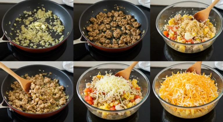 Step-by-step process of cooking ground turkey with onions and mixing with vegetables, spices, and shredded cheese in a bowl for casserole preparation.