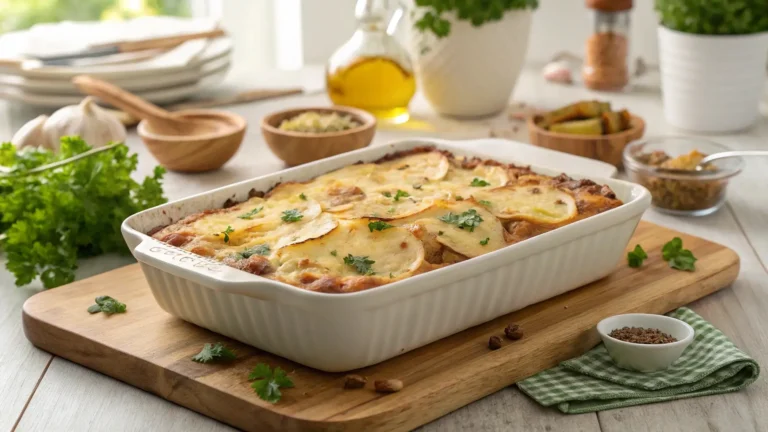 Freshly baked ground turkey casserole with potatoes in a white rectangular dish, topped with golden potatoes, melted cheese, and chopped parsley.