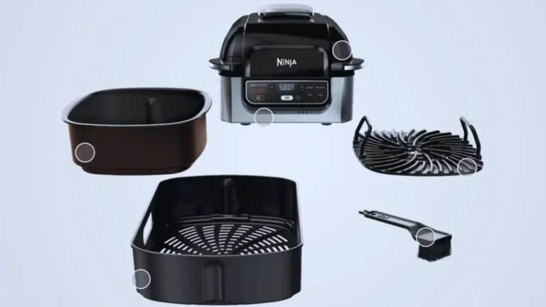 Exploded view of Ninja Foodi AG301 grill showing the grill unit, cooking pot, crisper basket, grill grate, and cleaning brush