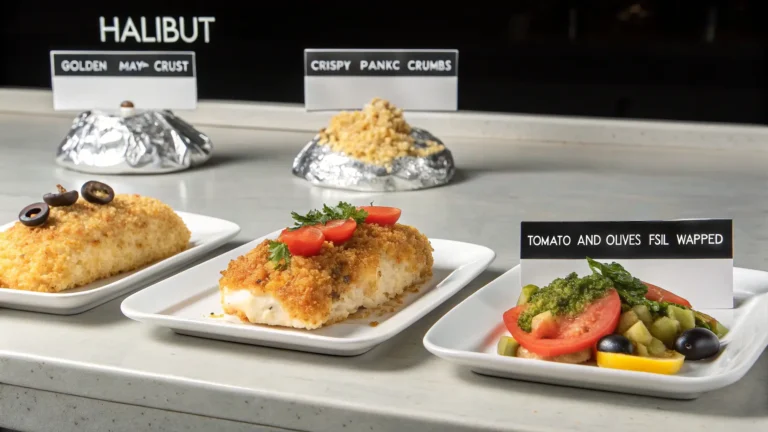 Side-by-side baked halibut variations: mayo crusted, panko breaded, and foil-wrapped with tomatoes and olives.