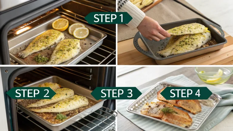 Four-step visual guide showing how to bake flounder: seasoning, placing in oven, baking progress, and finished golden fish fillets ready to serve.