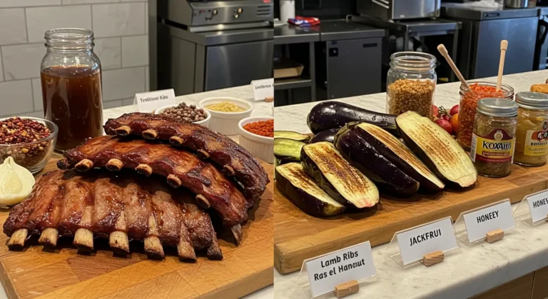 Visual comparison of Classic BBQ Ribs with lamb ribs, jackfruit, and Moroccan ras el hanout alternatives