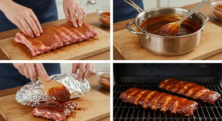 Step-by-step process of Classic BBQ Ribs Recipe: dry rub, sauce prep, foil wrap, and grilling finish