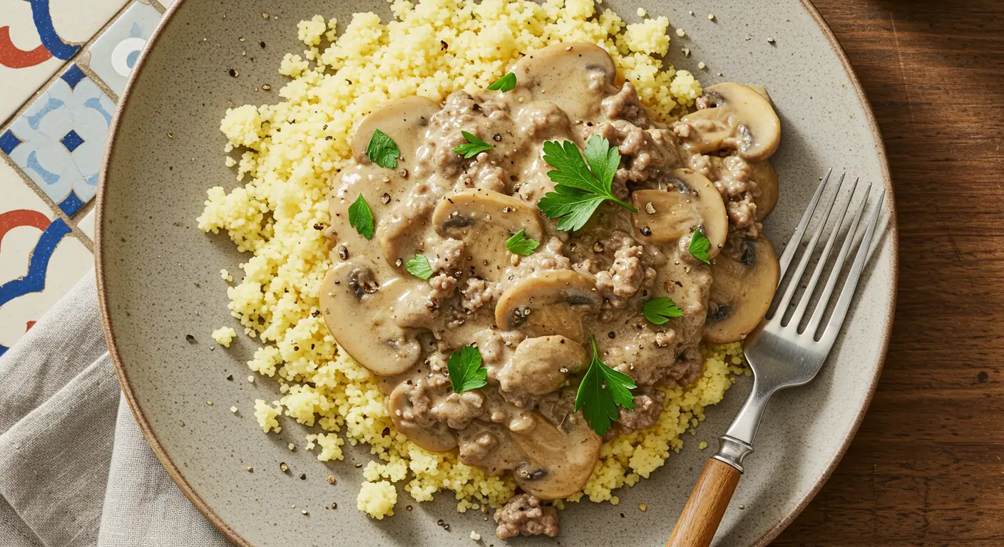 Creamy ground beef stroganoff with mushrooms served over fluffy couscous and garnished with parsley.
