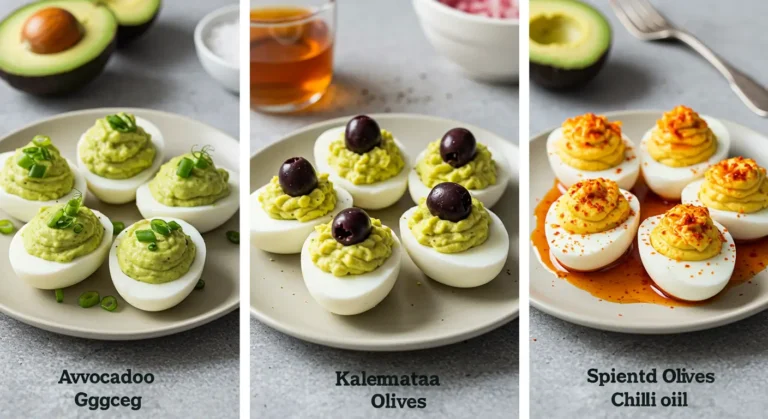 Three deviled egg recipe with relish variations – avocado with scallions, kalamata olives, and spiced chili oil