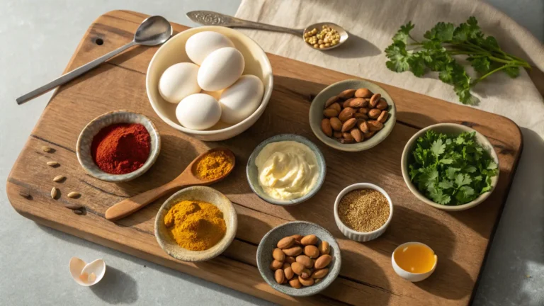 Ingredients for deviled egg recipe with relish including eggs, paprika, cumin, mayo, almonds, and fresh herbs on a rustic wooden board