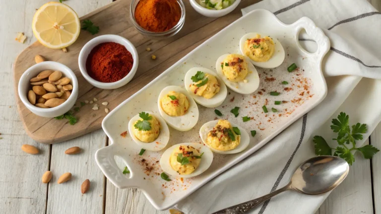 "Deviled egg recipe with relish served Moroccan-style with paprika, almonds, and fresh herbs on a white platter"