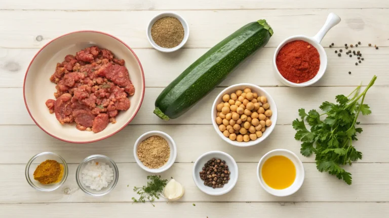 Flat lay of raw ingredients for Moroccan stuffed zucchini, including ground meat, zucchini, chickpeas, spices, herbs, and olive oil