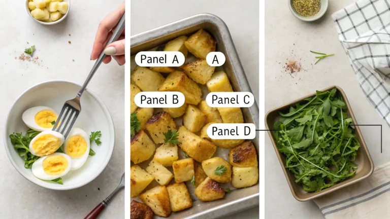 Multi-panel instructional image showing key tips for making perfect Moroccan-style potato salad with beef bacon and egg: checking potato tenderness, cooling ingredients, mixing dressing carefully, and serving after chilling.