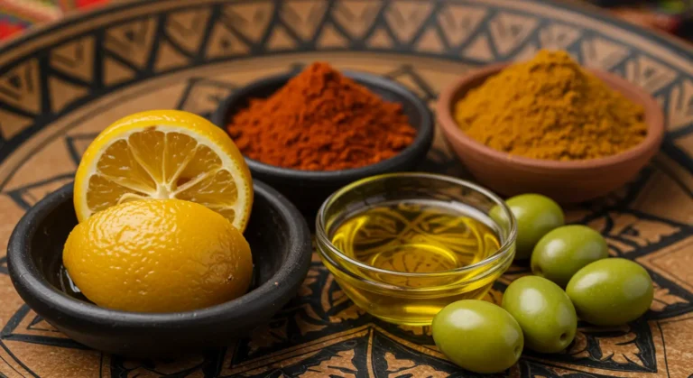 Traditional Moroccan ingredients including preserved lemon, olive oil, green olives, and spices used in baked tilapia recipes.