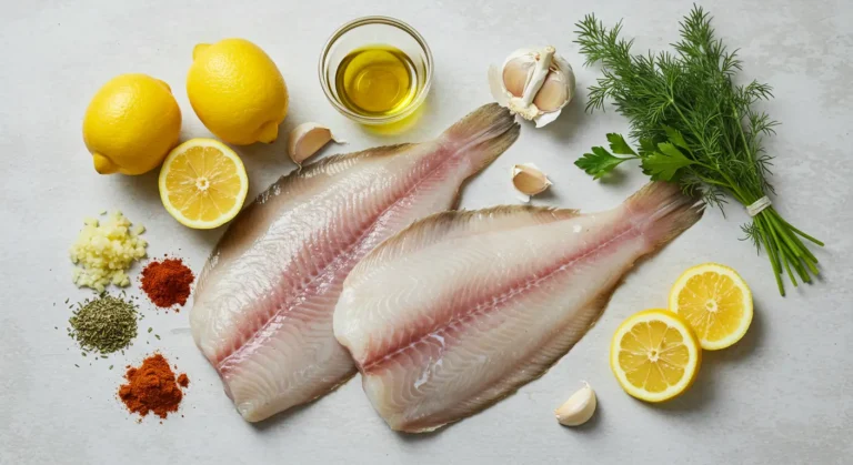 Raw flounder fillets surrounded by fresh ingredients: lemon, garlic, olive oil, herbs, and Moroccan spices on a clean white surface.