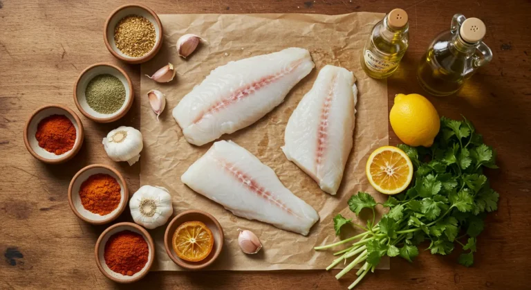 Fresh halibut fillets with Moroccan spices, garlic, preserved lemon, olive oil, and herbs on a rustic wooden surface.