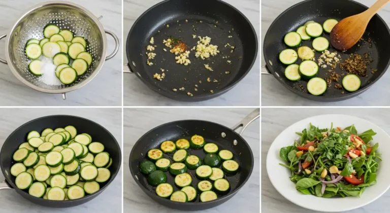 Step-by-step process of making zucchini chermoula salad: salting zucchini, sautéing garlic and spices, cooking zucchini slices, finishing with herbs and lemon.