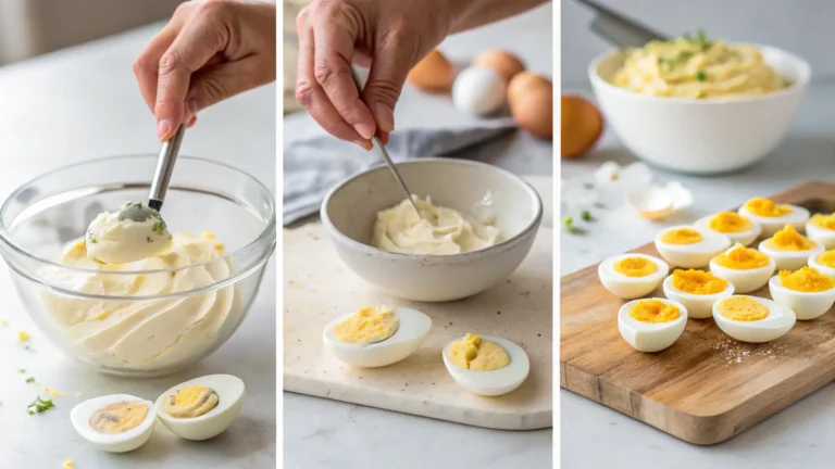 Step-by-step preparation for deviled egg recipe with relish – mixing yolk filling, slicing boiled eggs, and prepping for stuffing