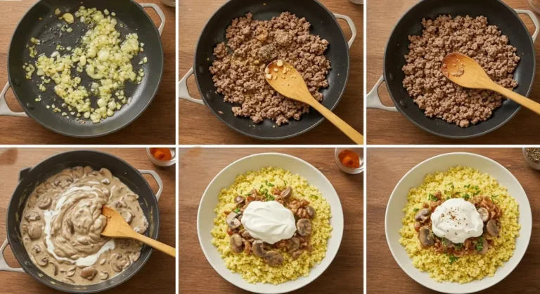 Step-by-step cooking process for Moroccan Ground Beef Stroganoff: sautéing onions, browning beef, simmering sauce, and final creamy serving over couscous.