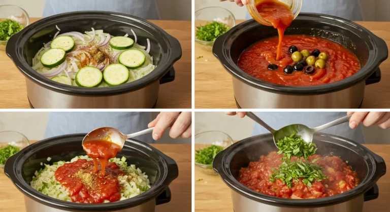The preparation steps are simple and easy slow cooked zucchini