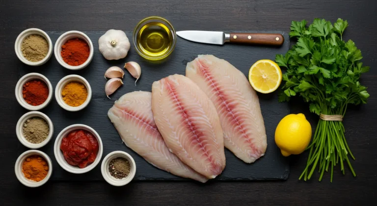 Raw tilapia fillets with Moroccan spices, garlic, olive oil, lemon, parsley, and tomato paste arranged neatly on a dark kitchen surface.