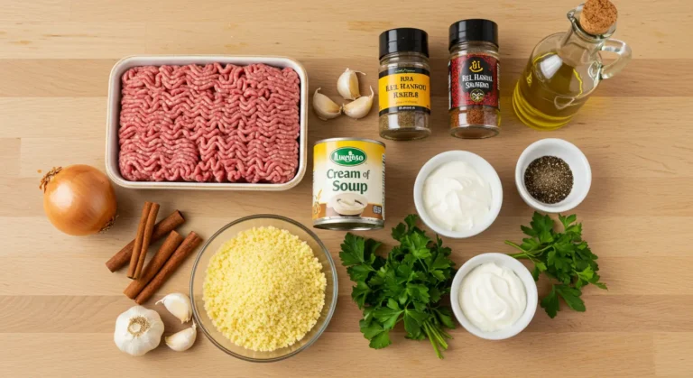 Ingredients for Moroccan Ground Beef Stroganoff – including ground beef, cream of mushroom soup, couscous, garlic, onion, cinnamon sticks, parsley, ras el hanout, and olive oil.