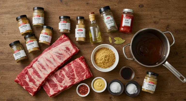 Classic BBQ Ribs Recipe Ingredients – raw beef ribs, spices, brown sugar, mustard, and homemade BBQ sauce on a rustic table