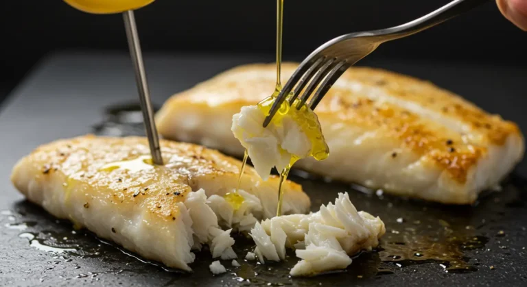 Close-up of flaky baked halibut drizzled with olive oil, showing its moist texture.