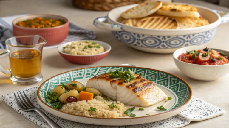 Moroccan-style baked halibut served with couscous, vegetable tagine, zaalouk, and warm flatbread on a traditional dining table.