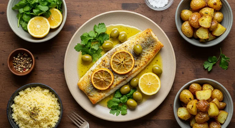 Baked halibut fillet topped with preserved lemon slices, green olives, and Moroccan herbs, served with roasted potatoes and couscous on a rustic table.
