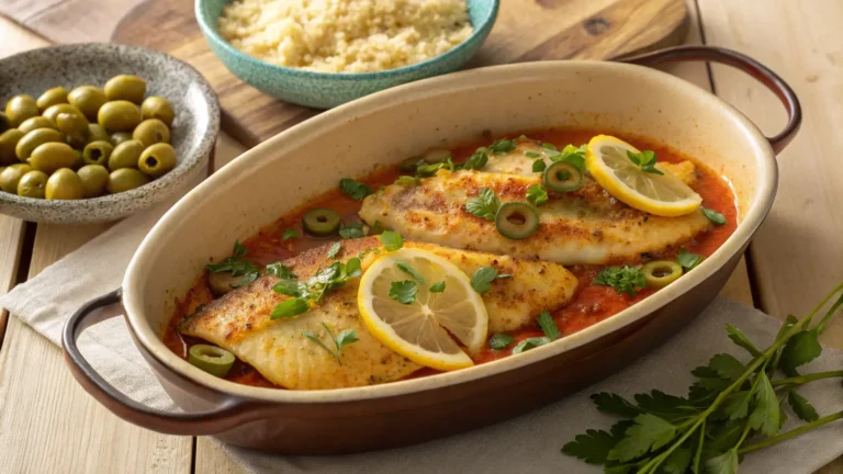 Baked tilapia fillets in Moroccan tomato sauce, topped with lemon slices, green olives, and fresh parsley, served in a ceramic baking dish.