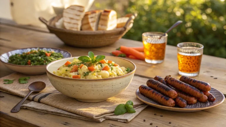Rustic Moroccan-style outdoor table set for a BBQ with potato salad, grilled meats, mint tea, and preserved lemon, styled with earthenware and traditional fabrics.