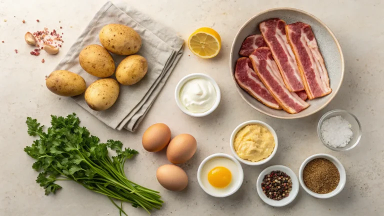 Flat lay of raw ingredients for Moroccan potato salad, including Yukon Gold potatoes, beef bacon, eggs, parsley, lemon, mustard, cumin, salt, pepper, and Greek yogurt.