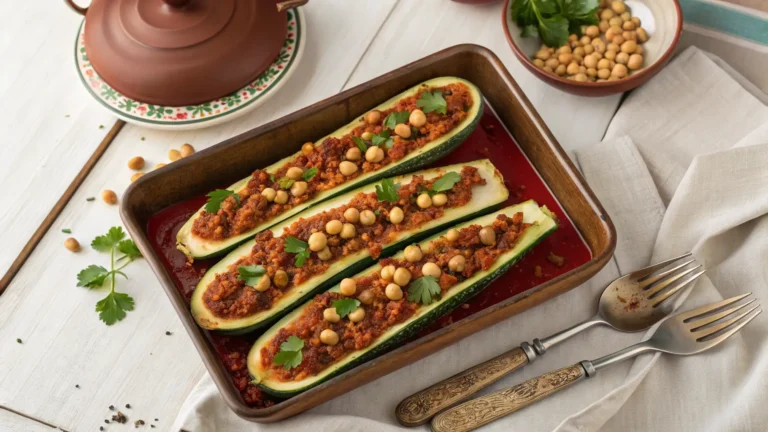 Moroccan stuffed zucchini boats topped with spiced meat, chickpeas, and fresh parsley in a baking dish