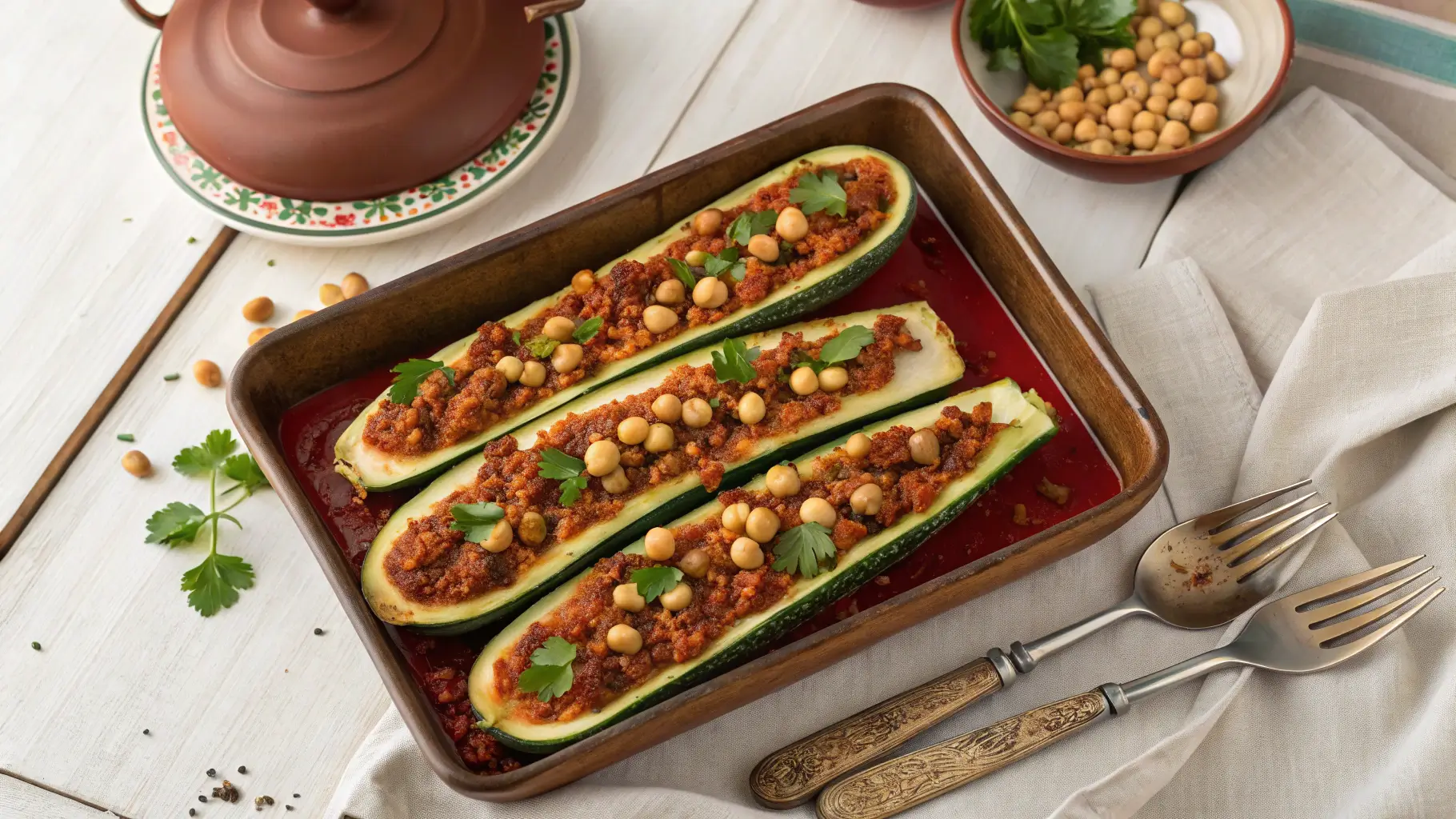 Moroccan stuffed zucchini boats topped with spiced meat, chickpeas, and fresh parsley in a baking dish